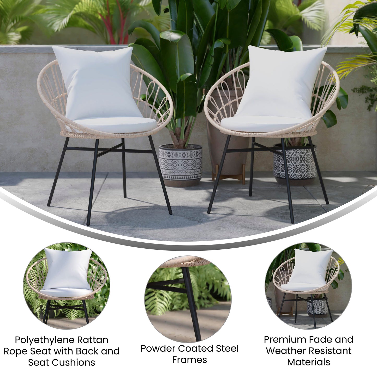 Devon Set of 2 Indoor/Outdoor Modern Papasan Patio Chairs, Rope with Tan Finish PE Wicker Rattan and Light Gray Cushions