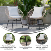 Devon Set of 2 Indoor/Outdoor Modern Papasan Patio Chairs, Rope with Tan Finish PE Wicker Rattan and Light Gray Cushions