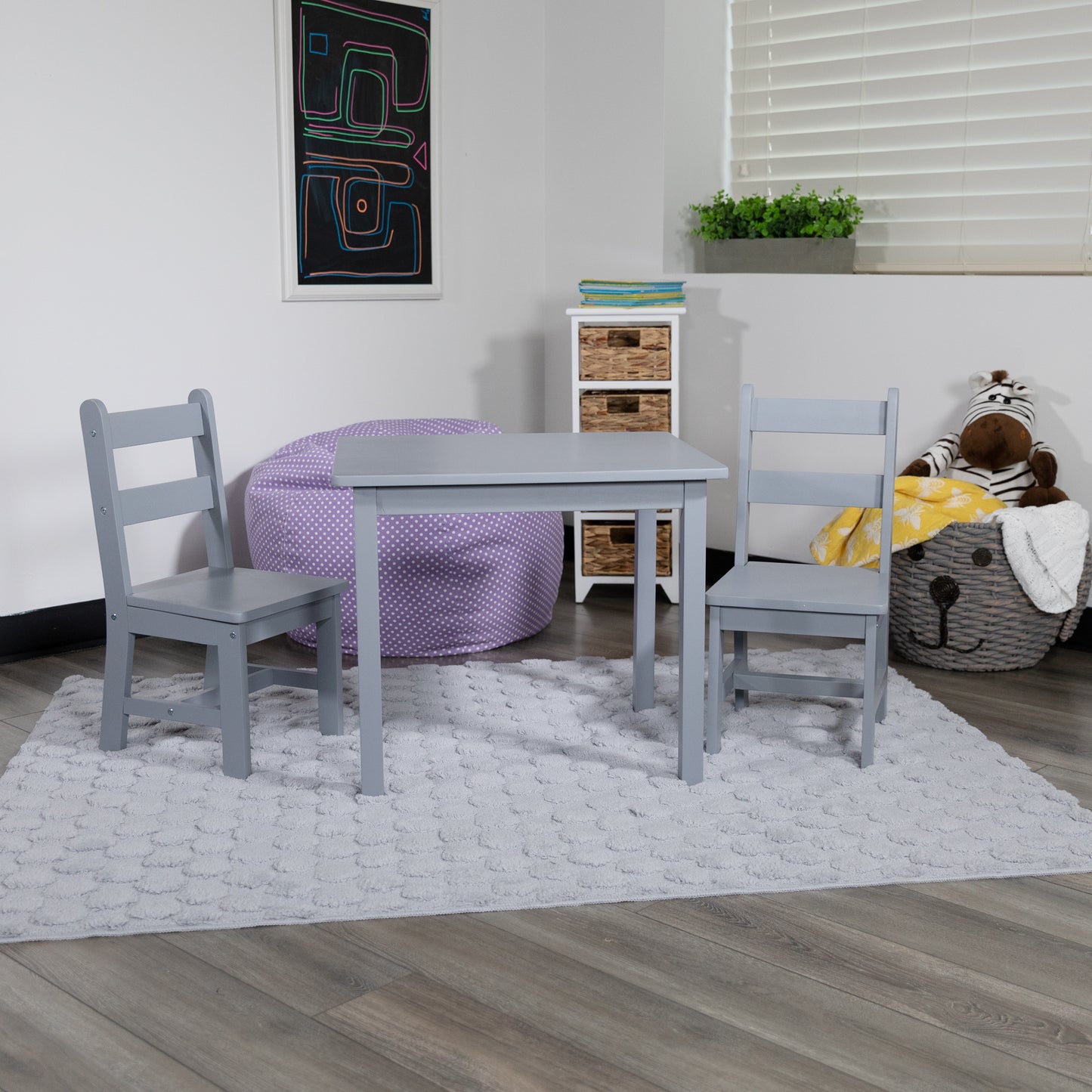 Kyndl Kids Solid Hardwood Table and Chair Set for Playroom, Bedroom, Kitchen - 3 Piece Set - Gray