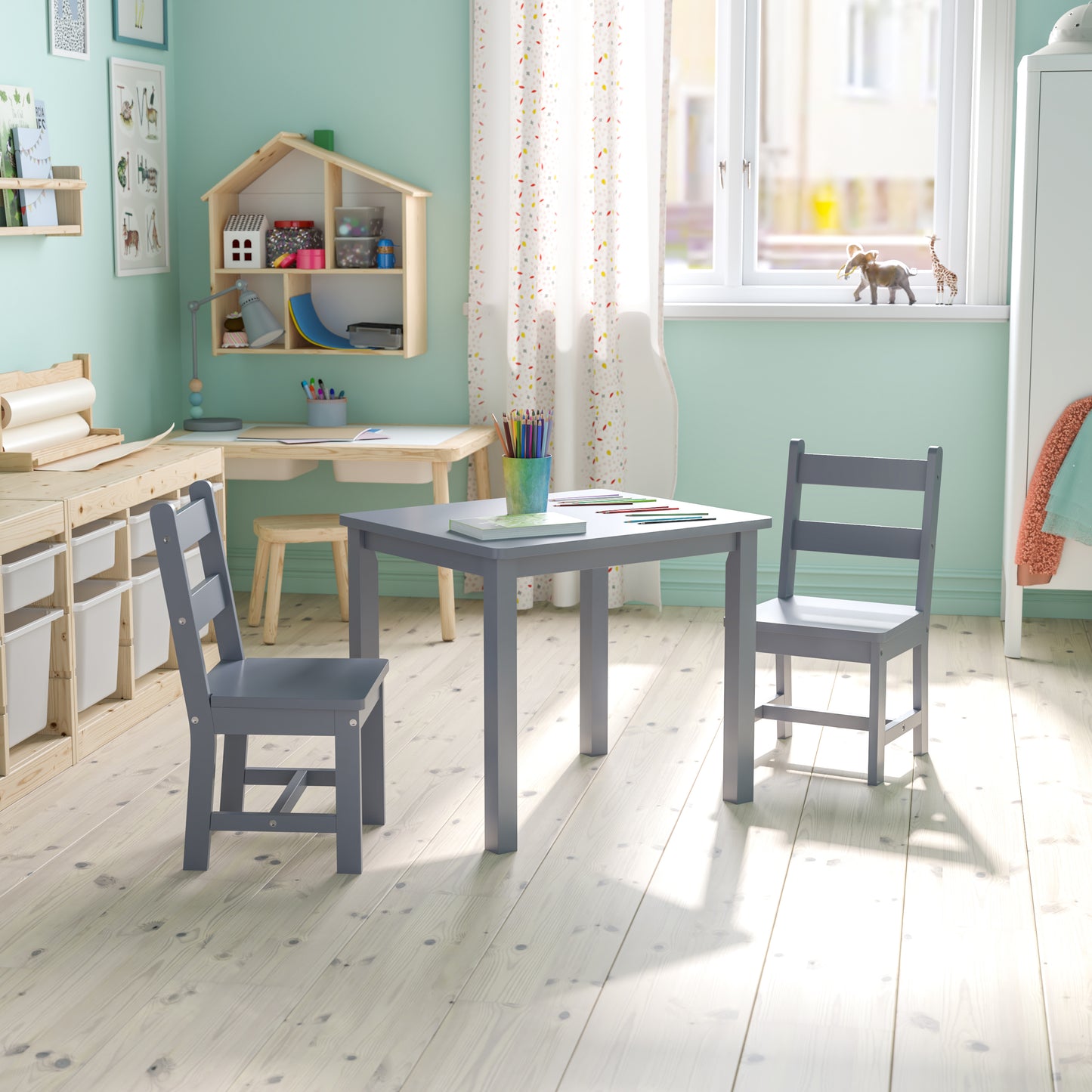 Kyndl Kids Solid Hardwood Table and Chair Set for Playroom, Bedroom, Kitchen - 3 Piece Set - Gray