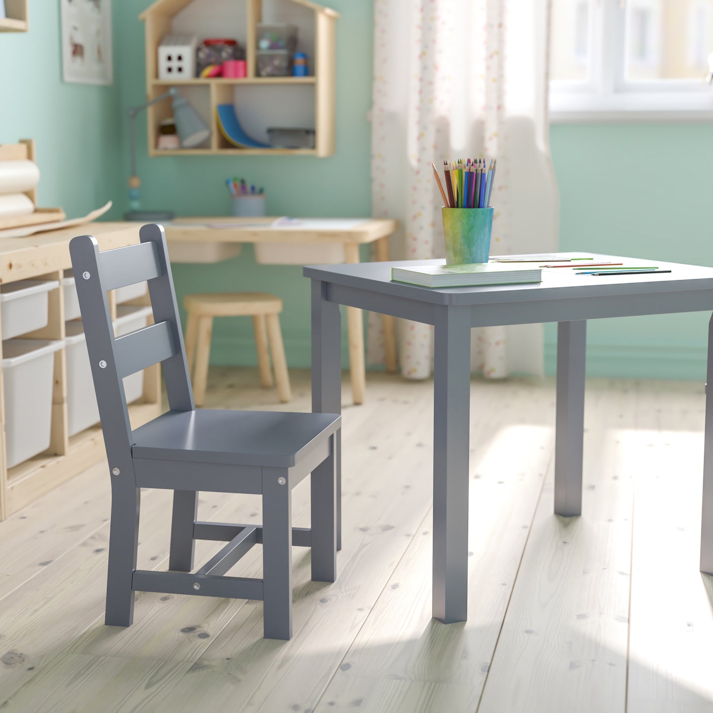 Kyndl Kids Solid Hardwood Table and Chair Set for Playroom, Bedroom, Kitchen - 3 Piece Set - Gray