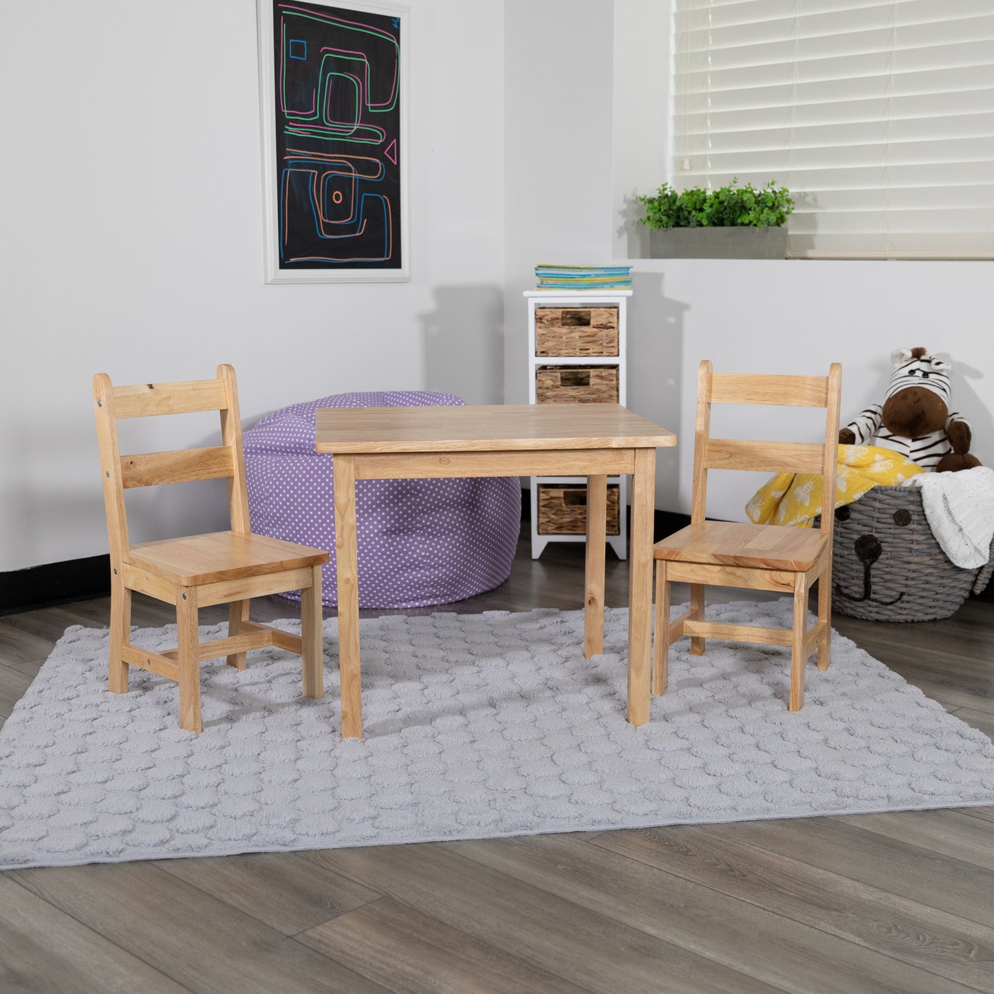 Kyndl Kids Solid Hardwood Table and Chair Set for Playroom, Bedroom, Kitchen - 3 Piece Set - Natural