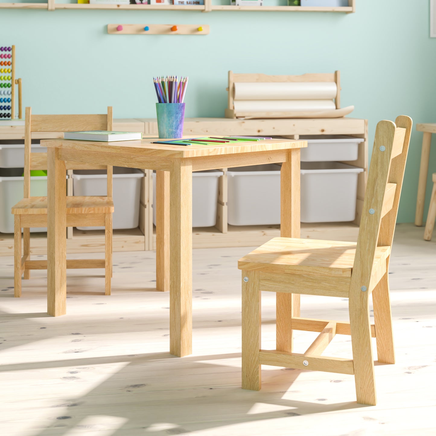 Kyndl Kids Solid Hardwood Table and Chair Set for Playroom, Bedroom, Kitchen - 3 Piece Set - Natural
