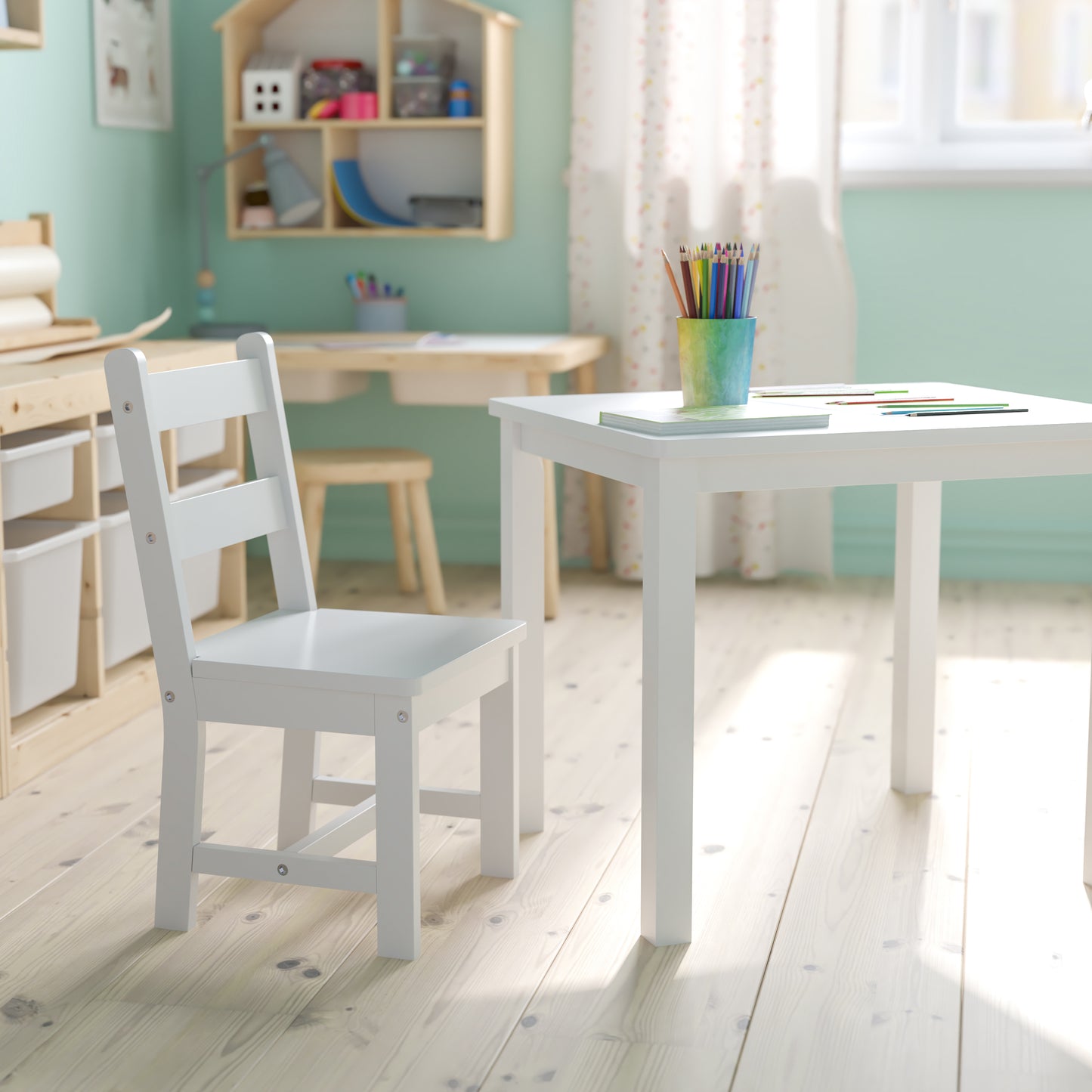 Kyndl Kids Solid Hardwood Table and Chair Set for Playroom, Bedroom, Kitchen - 3 Piece Set - White