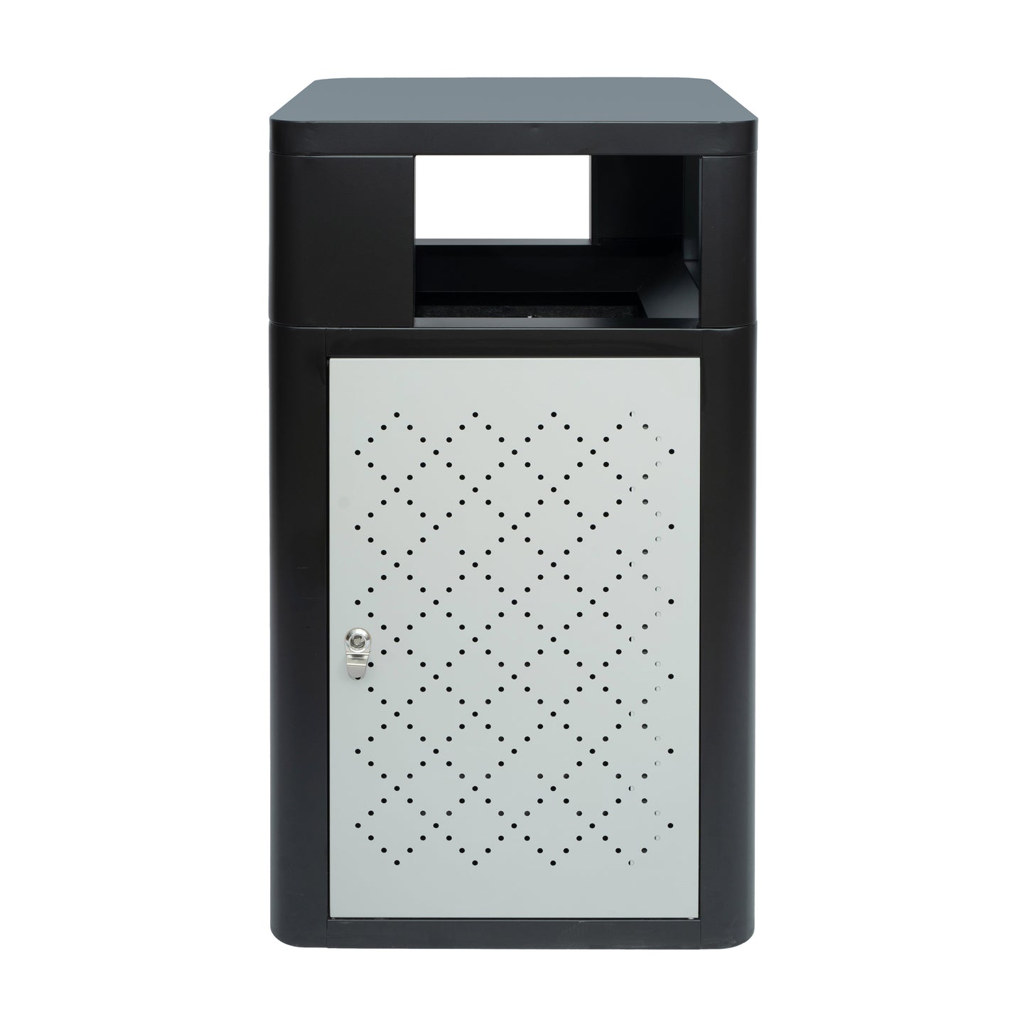 Brooks 31.4 Gallon Indoor-Outdoor Steel Trash Can with Locking Access Door and Removable Inner Fiberglass Bin, Black/Silver