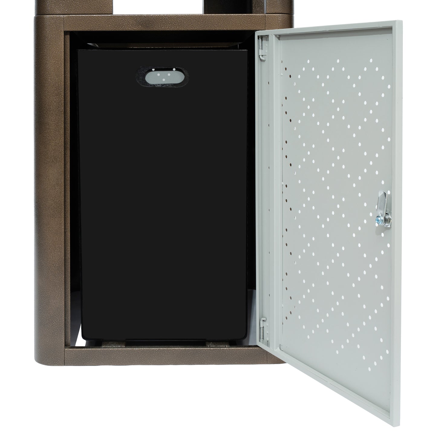 Brooks 31.4 Gallon Indoor-Outdoor Steel Trash Can with Locking Access Door and Removable Inner Fiberglass Bin, Brown/Silver