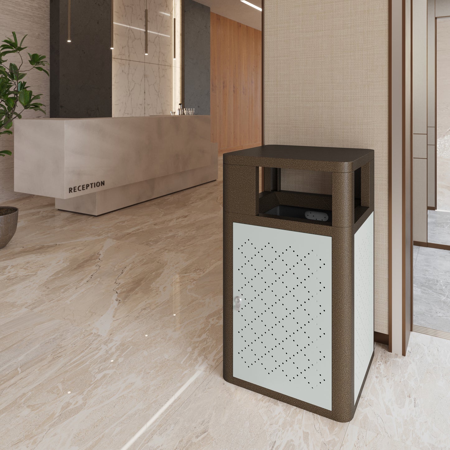Brooks 31.4 Gallon Indoor-Outdoor Steel Trash Can with Locking Access Door and Removable Inner Fiberglass Bin, Brown/Silver