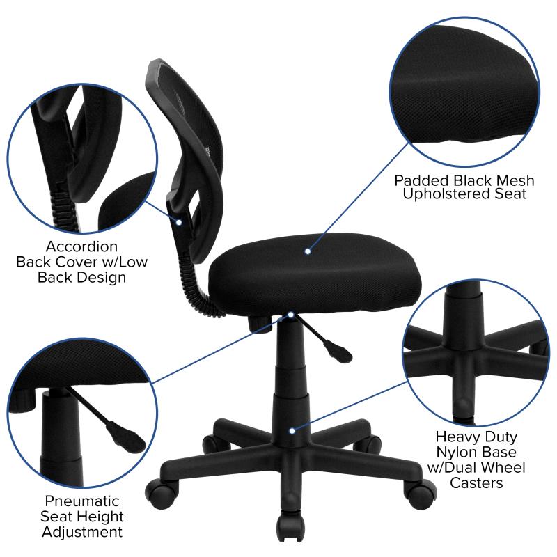 Neri Low Back Black Mesh Swivel Task Office Chair with Curved Square Back