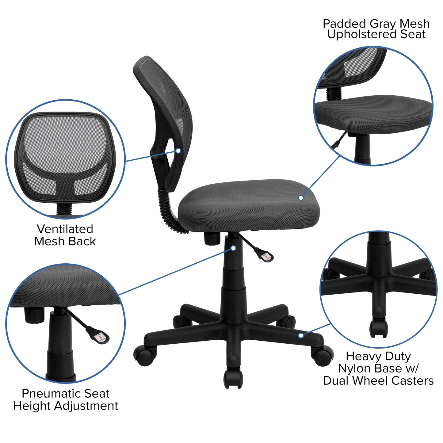 Neri Low Back Gray Mesh Swivel Task Office Chair with Curved Square Back