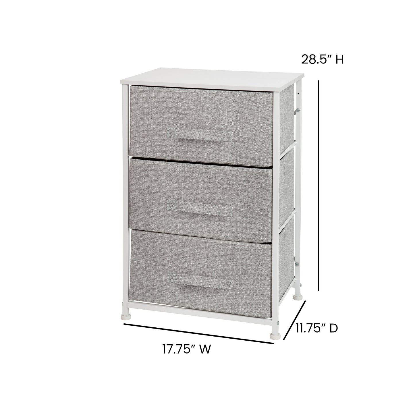 Harris 3 Drawer Wood Top White Cast Iron Frame Vertical Storage Dresser with Light Gray Easy Pull Fabric Drawers