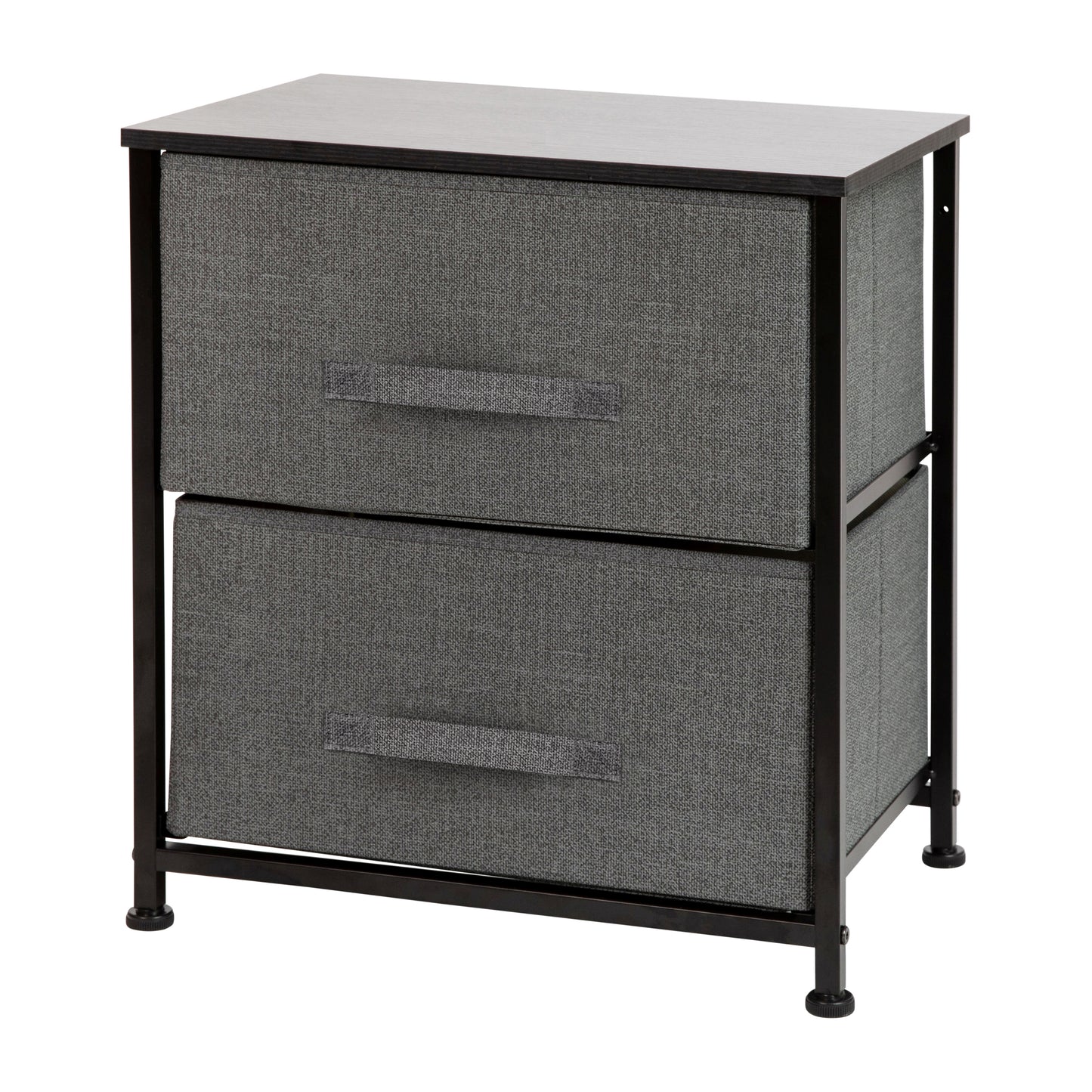 Harris 2 Drawer Wood Top Black Nightstand Storage Organizer with Cast Iron Frame and Dark Gray Easy Pull Fabric Drawers