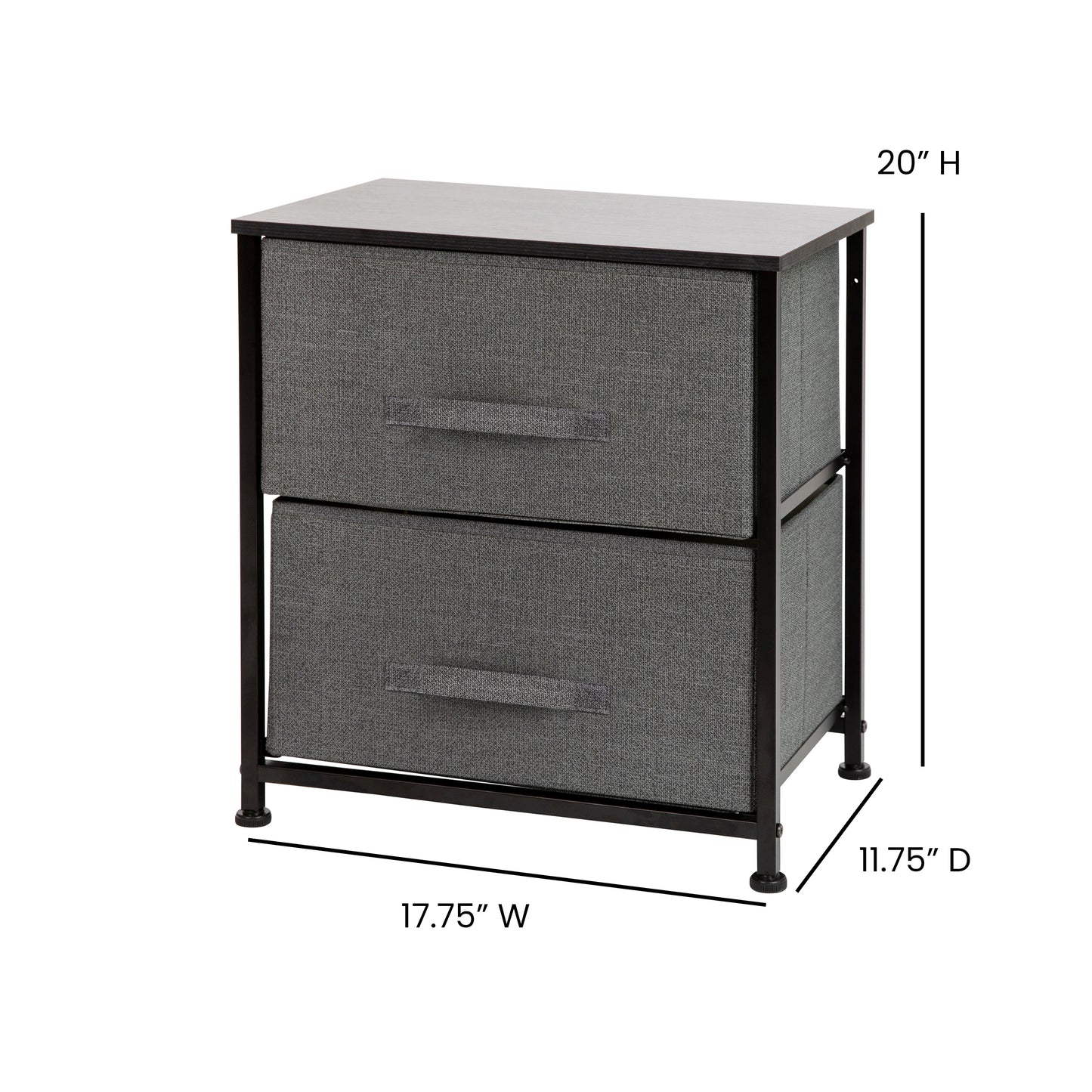 Harris 2 Drawer Wood Top Black Nightstand Storage Organizer with Cast Iron Frame and Dark Gray Easy Pull Fabric Drawers
