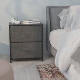 Harris 2 Drawer Wood Top Black Nightstand Storage Organizer with Cast Iron Frame and Dark Gray Easy Pull Fabric Drawers