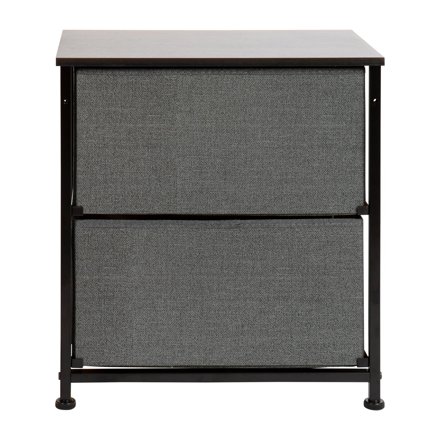 Harris 2 Drawer Wood Top Black Nightstand Storage Organizer with Cast Iron Frame and Dark Gray Easy Pull Fabric Drawers