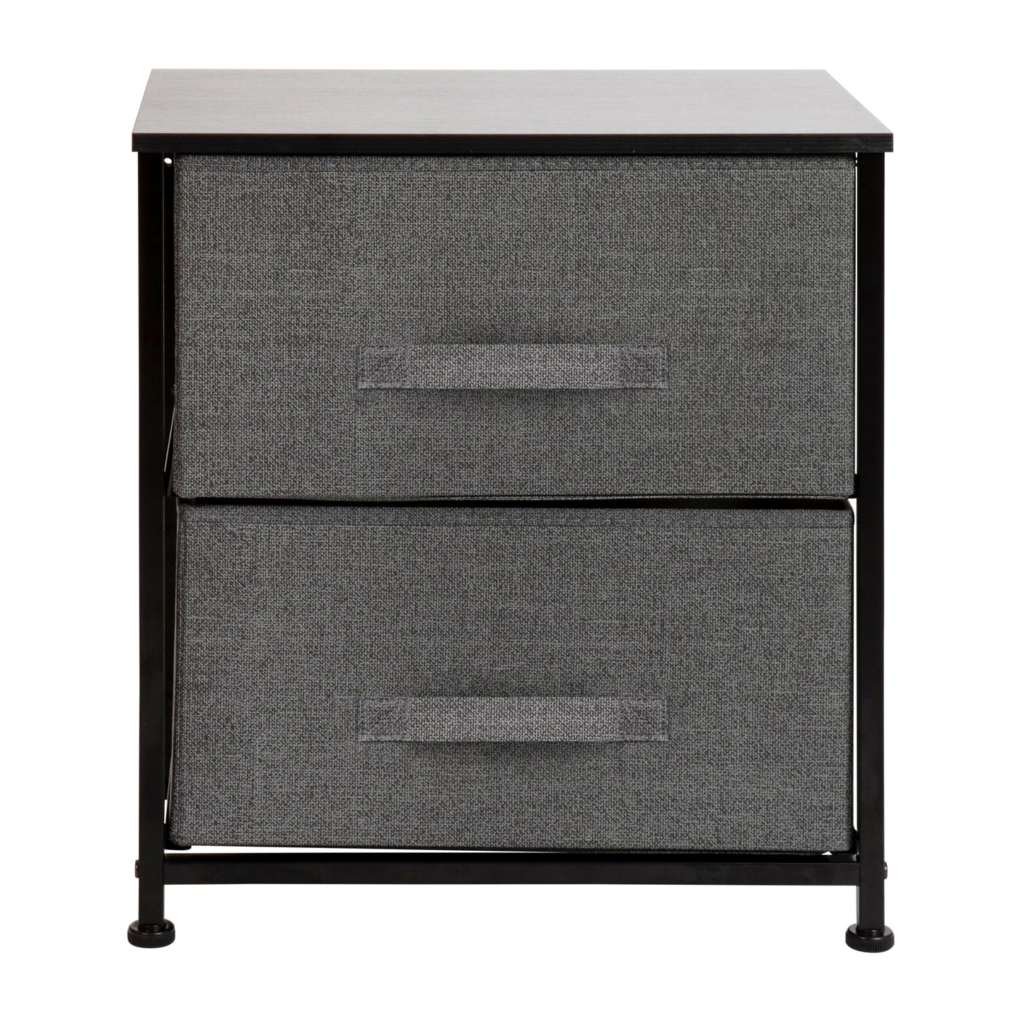 Harris 2 Drawer Wood Top Black Nightstand Storage Organizer with Cast Iron Frame and Dark Gray Easy Pull Fabric Drawers
