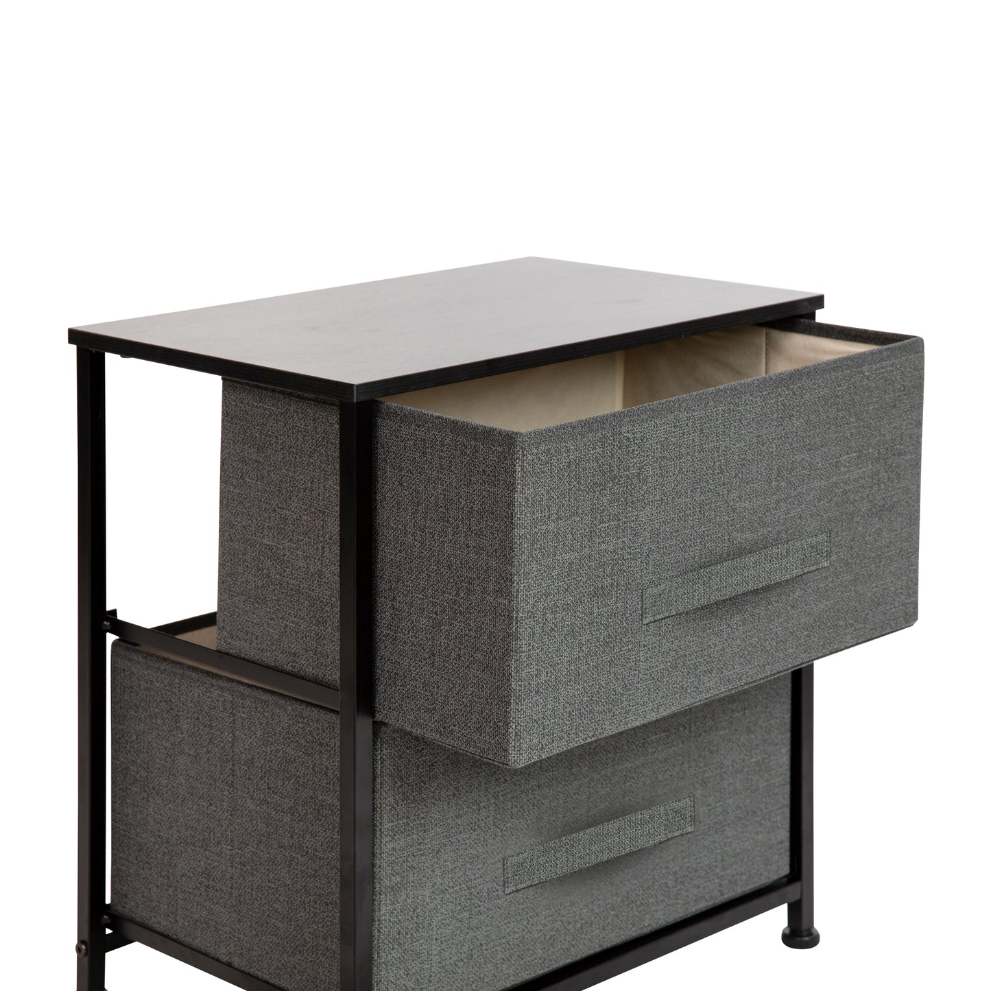 Harris 2 Drawer Wood Top Black Nightstand Storage Organizer with Cast Iron Frame and Dark Gray Easy Pull Fabric Drawers