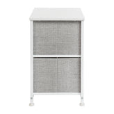Harris 2 Drawer Wood Top White Nightstand Storage Organizer with Cast Iron Frame and Light Gray Easy Pull Fabric Drawers