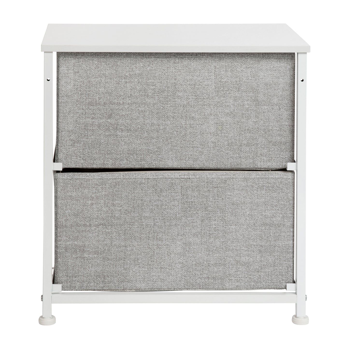 Harris 2 Drawer Wood Top White Nightstand Storage Organizer with Cast Iron Frame and Light Gray Easy Pull Fabric Drawers