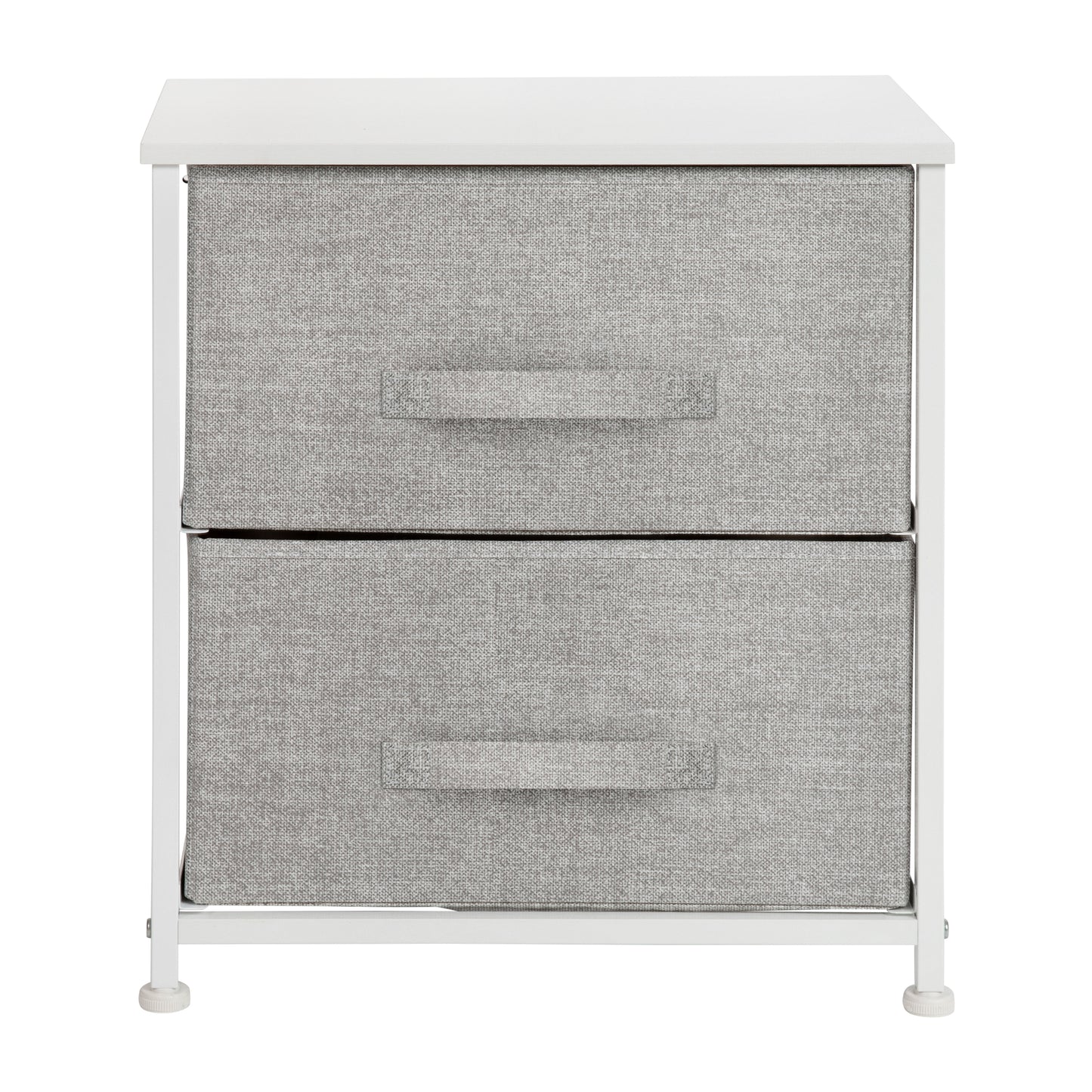 Harris 2 Drawer Wood Top White Nightstand Storage Organizer with Cast Iron Frame and Light Gray Easy Pull Fabric Drawers