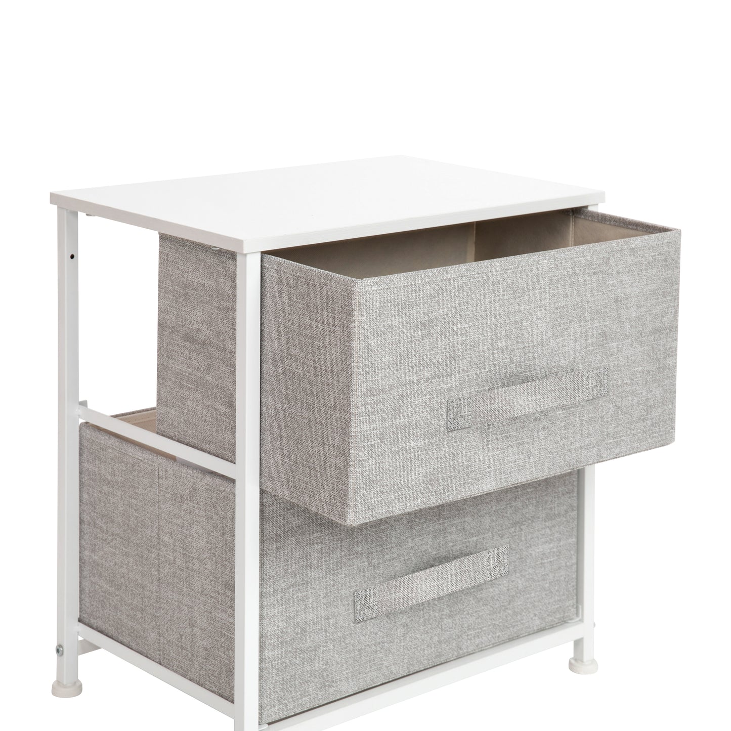Harris 2 Drawer Wood Top White Nightstand Storage Organizer with Cast Iron Frame and Light Gray Easy Pull Fabric Drawers