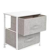Harris 2 Drawer Wood Top White Nightstand Storage Organizer with Cast Iron Frame and Light Gray Easy Pull Fabric Drawers