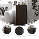 Harris 4 Drawer Storage Dresser with Black Cast Iron Frame, Brown Wood Top and Brown Easy Pull Engineered Wood Drawers with Wooden Handles