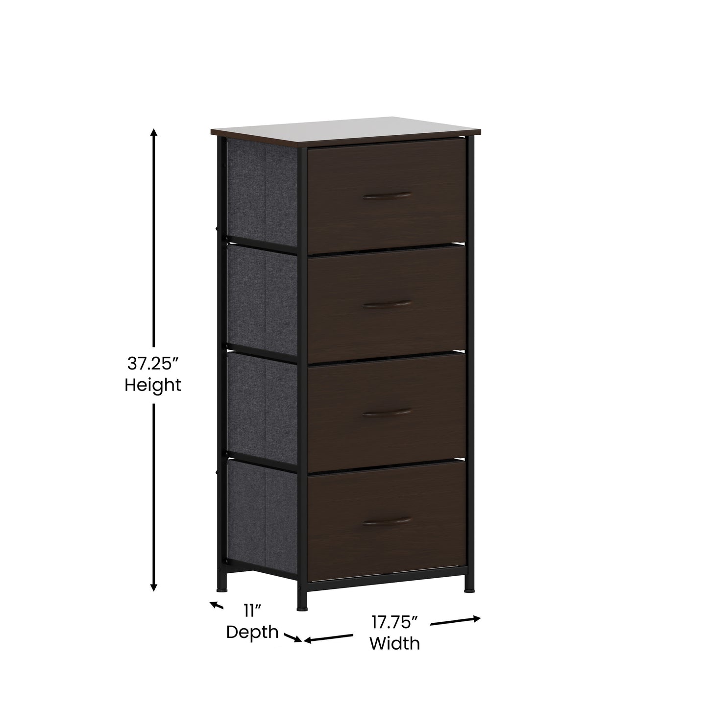 Harris 4 Drawer Storage Dresser with Black Cast Iron Frame, Brown Wood Top and Brown Easy Pull Engineered Wood Drawers with Wooden Handles