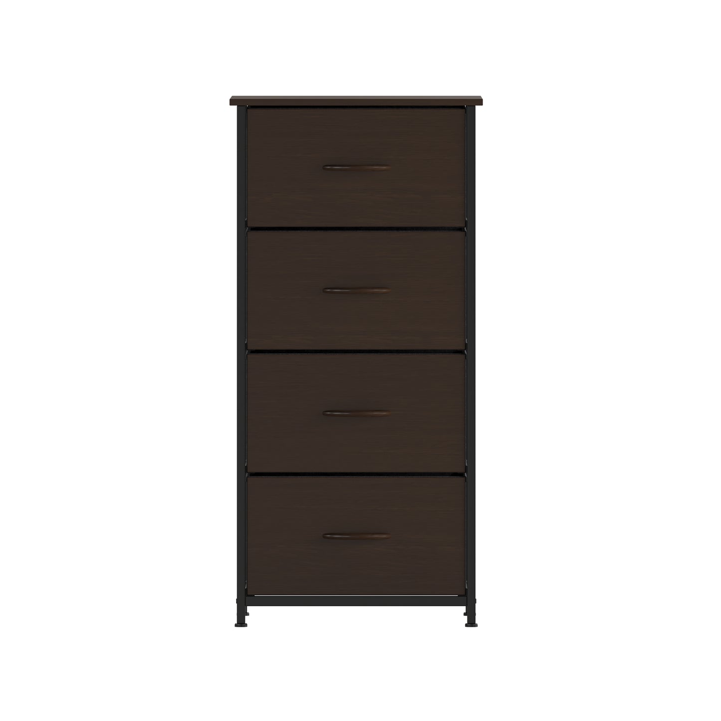 Harris 4 Drawer Storage Dresser with Black Cast Iron Frame, Brown Wood Top and Brown Easy Pull Engineered Wood Drawers with Wooden Handles
