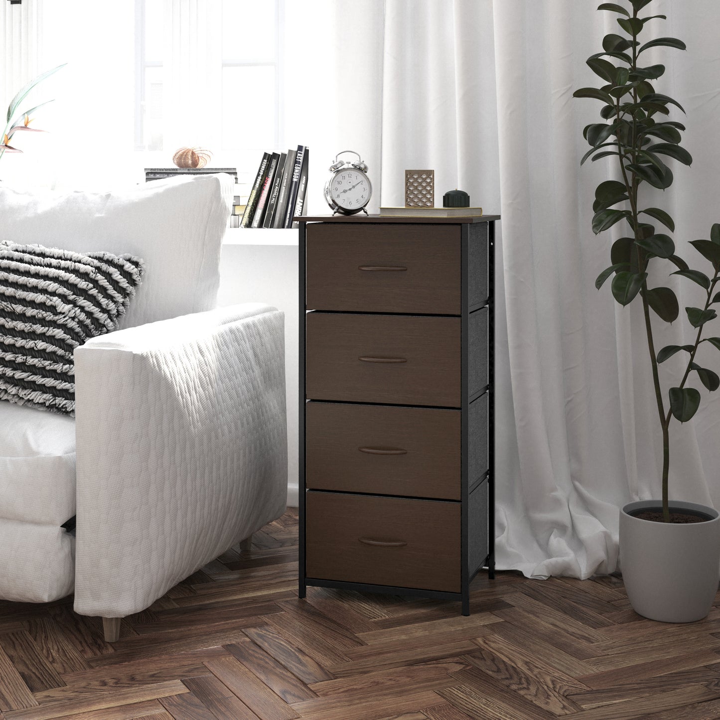 Harris 4 Drawer Storage Dresser with Black Cast Iron Frame, Brown Wood Top and Brown Easy Pull Engineered Wood Drawers with Wooden Handles