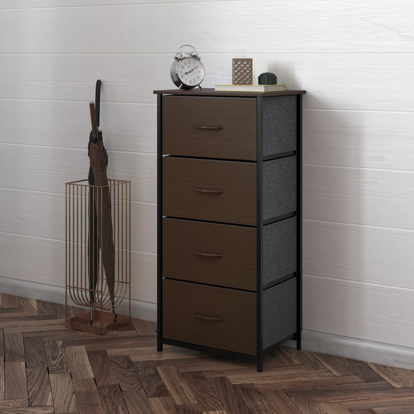 Harris 4 Drawer Storage Dresser with Black Cast Iron Frame, Brown Wood Top and Brown Easy Pull Engineered Wood Drawers with Wooden Handles