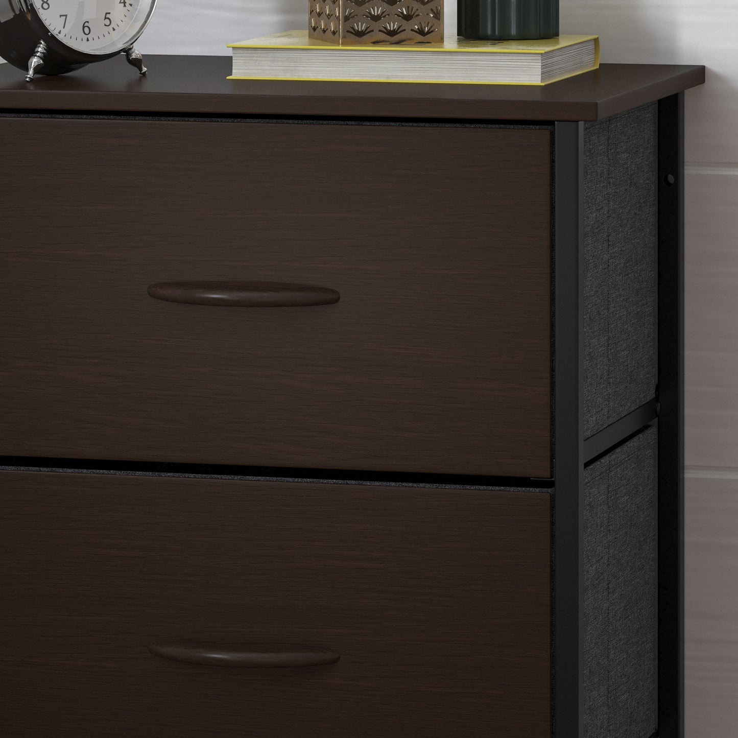 Harris 4 Drawer Storage Dresser with Black Cast Iron Frame, Brown Wood Top and Brown Easy Pull Engineered Wood Drawers with Wooden Handles