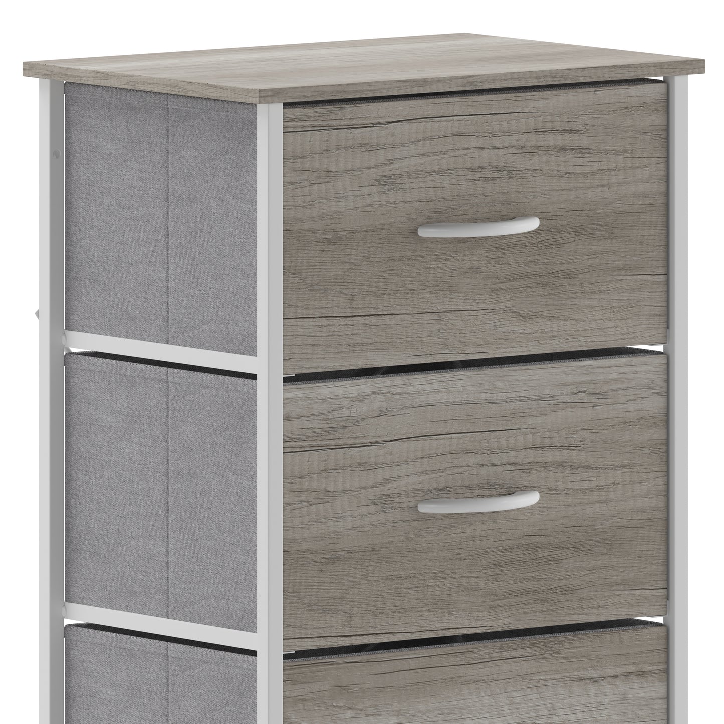 Harris 4 Drawer Storage Dresser with White Cast Iron Frame, Light Natural Wood Top and Easy Pull Engineered Wood Drawers, and White Wooden Handles