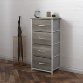 Harris 4 Drawer Storage Dresser with White Cast Iron Frame, Light Natural Wood Top and Easy Pull Engineered Wood Drawers, and White Wooden Handles