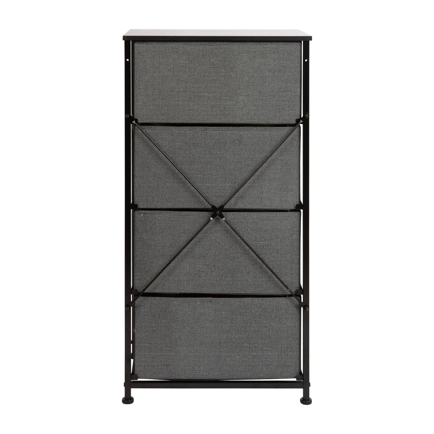 Harris 4 Drawer Wood Top Black Cast Iron Frame Vertical Storage Dresser with Dark Gray Easy Pull Fabric Drawers