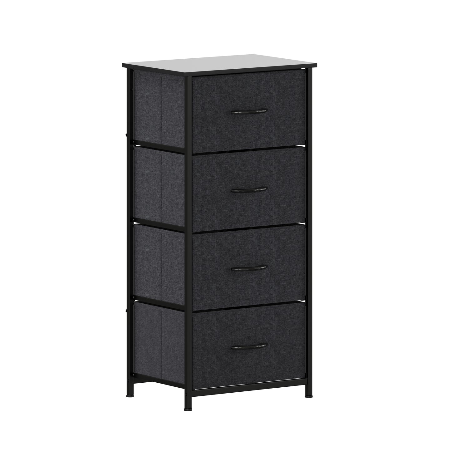 Harris 4 Drawer Vertical Storage Dresser with Black Cast Iron Frame and Wood Top and Black Easy Pull Fabric Drawers with Wooden Handles