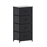Harris 4 Drawer Vertical Storage Dresser with Black Cast Iron Frame and Wood Top and Black Easy Pull Fabric Drawers with Wooden Handles