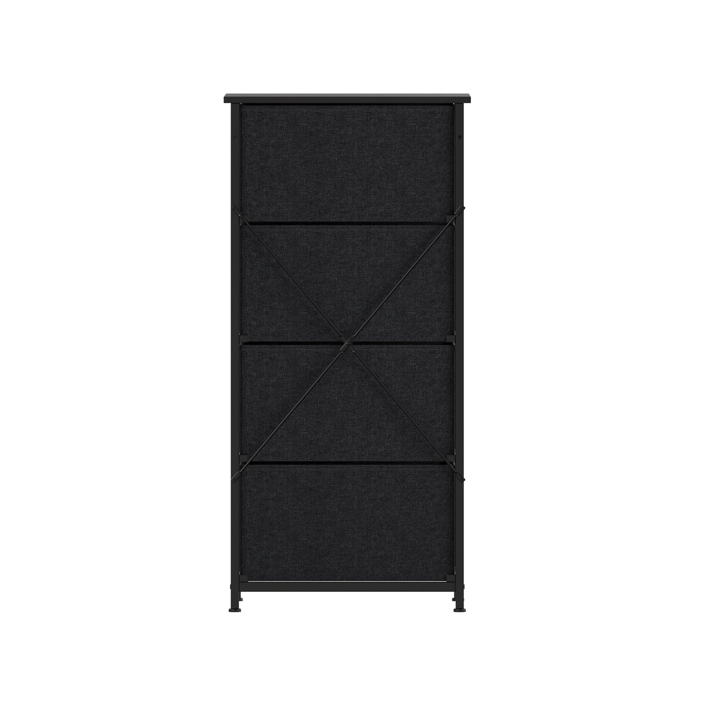 Harris 4 Drawer Vertical Storage Dresser with Black Cast Iron Frame and Wood Top and Black Easy Pull Fabric Drawers with Wooden Handles