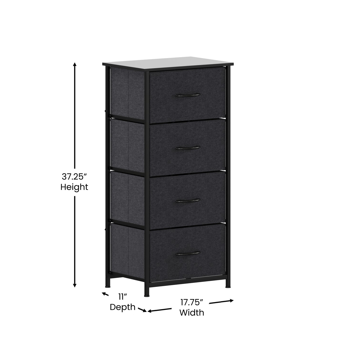 Harris 4 Drawer Vertical Storage Dresser with Black Cast Iron Frame and Wood Top and Black Easy Pull Fabric Drawers with Wooden Handles