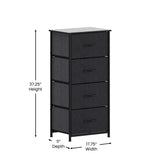 Harris 4 Drawer Vertical Storage Dresser with Black Cast Iron Frame and Wood Top and Black Easy Pull Fabric Drawers with Wooden Handles