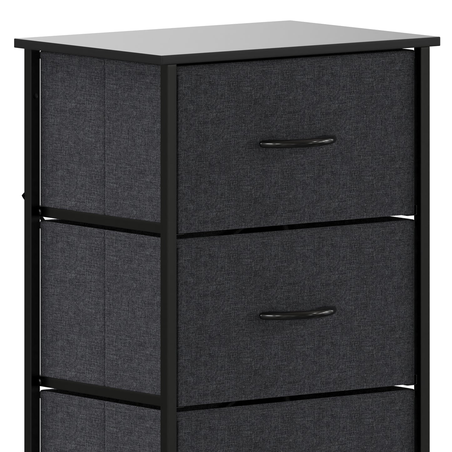 Harris 4 Drawer Vertical Storage Dresser with Black Cast Iron Frame and Wood Top and Black Easy Pull Fabric Drawers with Wooden Handles
