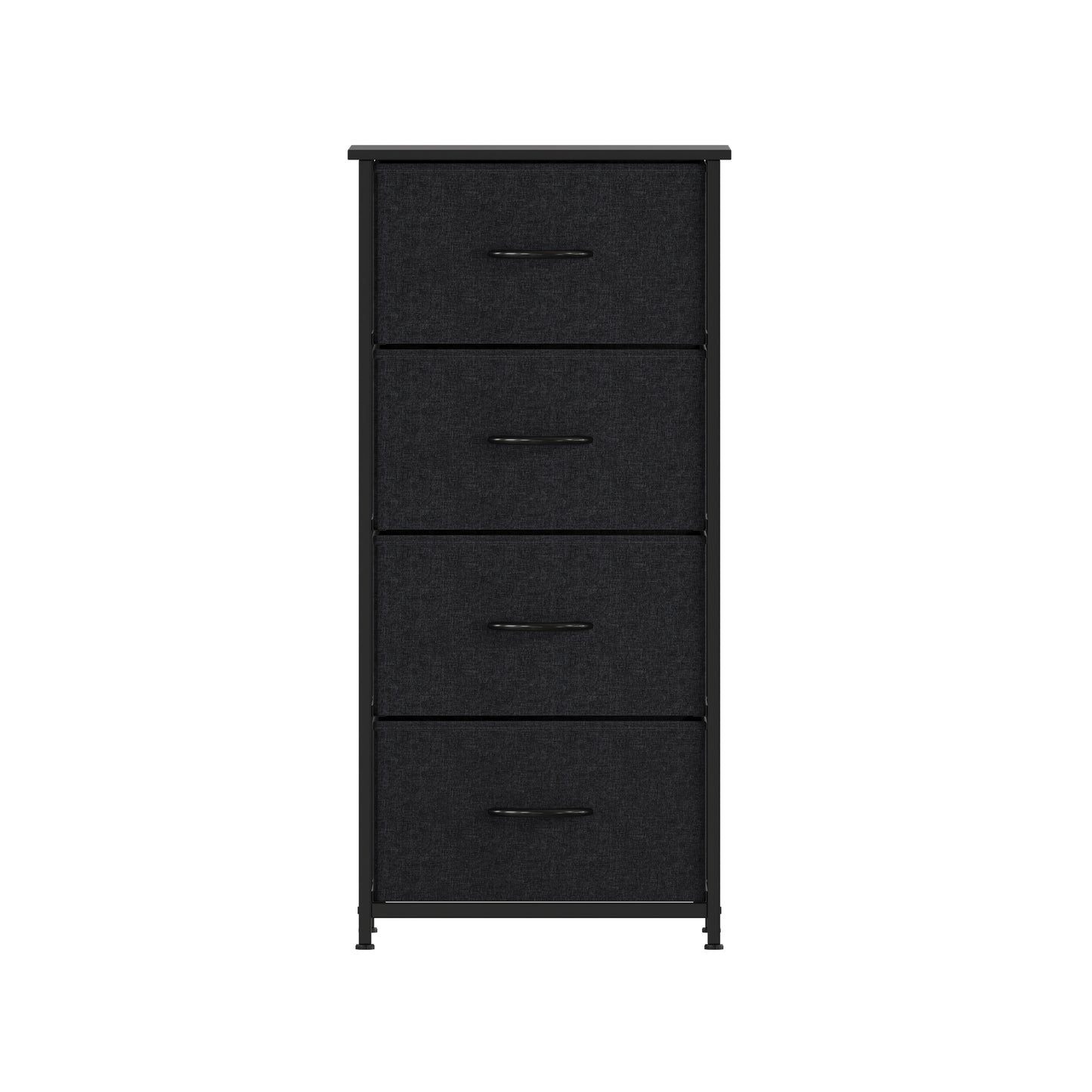 Harris 4 Drawer Vertical Storage Dresser with Black Cast Iron Frame and Wood Top and Black Easy Pull Fabric Drawers with Wooden Handles