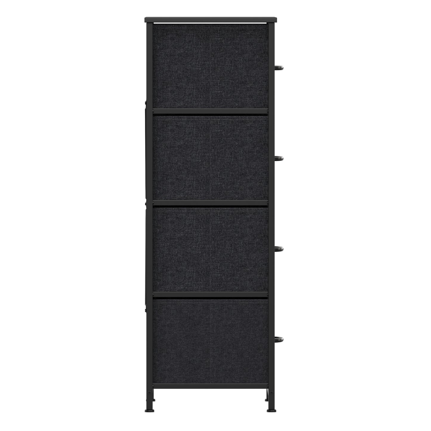 Harris 4 Drawer Vertical Storage Dresser with Black Cast Iron Frame and Wood Top and Black Easy Pull Fabric Drawers with Wooden Handles