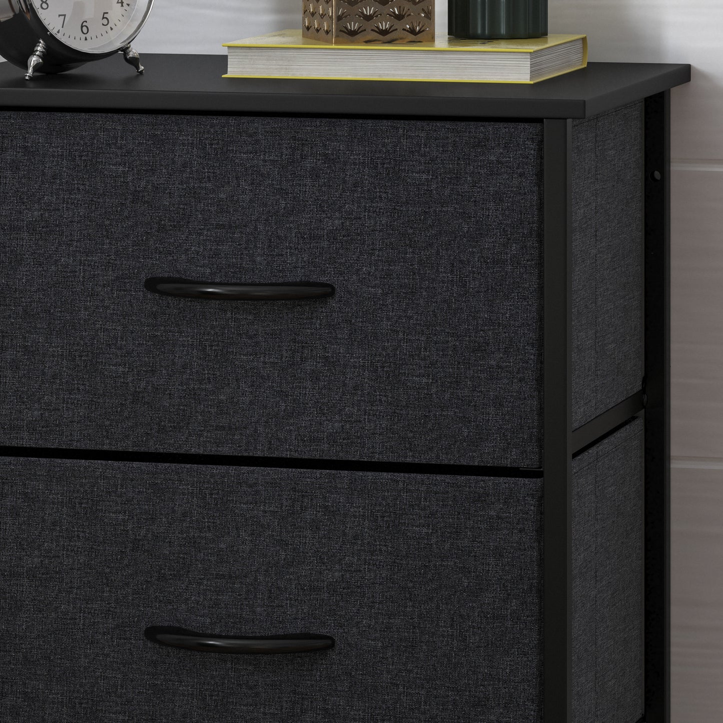 Harris 4 Drawer Vertical Storage Dresser with Black Cast Iron Frame and Wood Top and Black Easy Pull Fabric Drawers with Wooden Handles