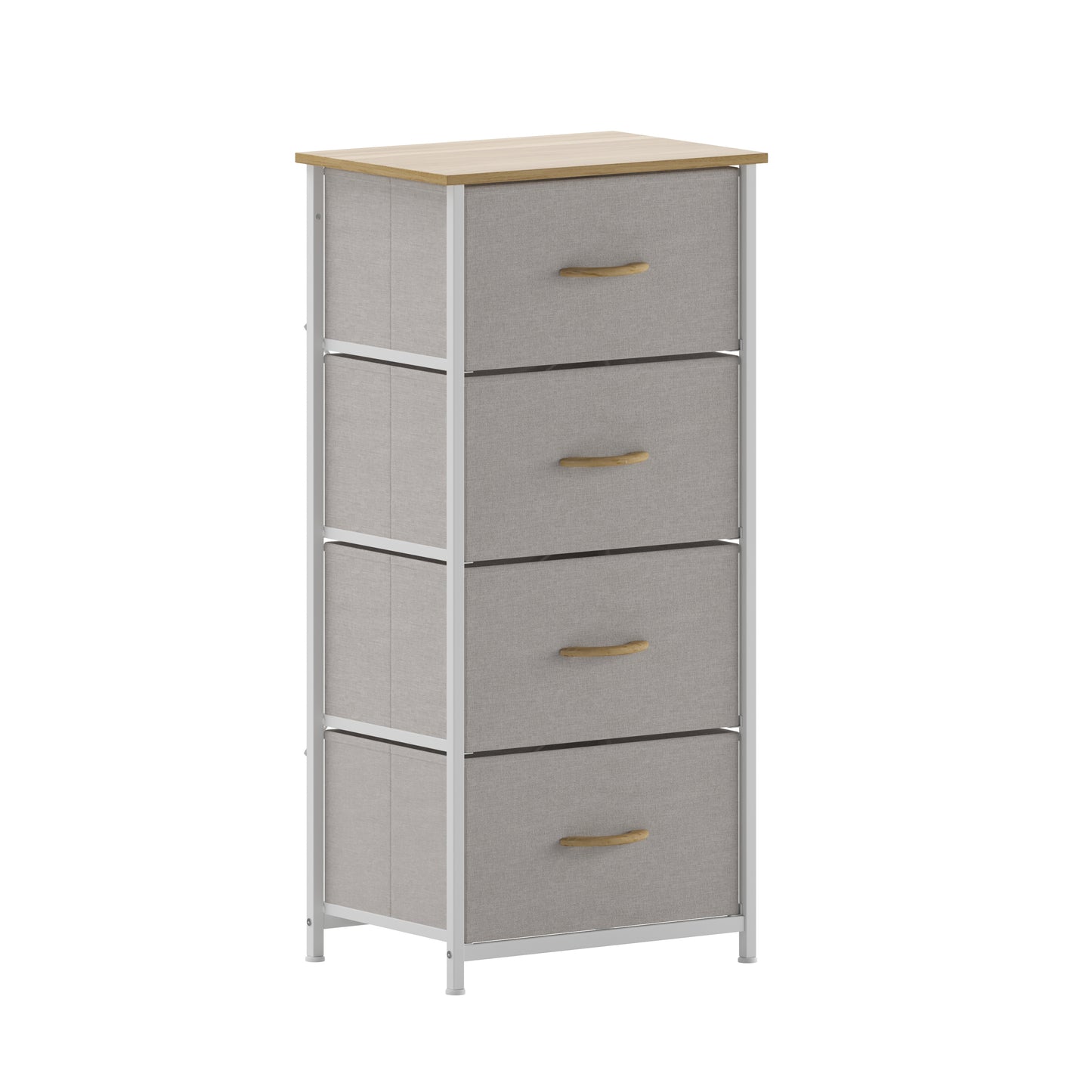 Harris 4 Drawer Vertical Storage Dresser with White Cast Iron Frame, Oak Wood Top and Beige Easy Pull Fabric Drawers with Natural Wooden Handles