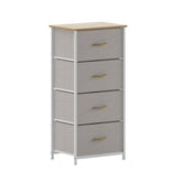 Harris 4 Drawer Vertical Storage Dresser with White Cast Iron Frame, Oak Wood Top and Beige Easy Pull Fabric Drawers with Natural Wooden Handles
