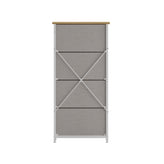 Harris 4 Drawer Vertical Storage Dresser with White Cast Iron Frame, Oak Wood Top and Beige Easy Pull Fabric Drawers with Natural Wooden Handles
