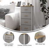 Harris 4 Drawer Vertical Storage Dresser with White Cast Iron Frame, Oak Wood Top and Beige Easy Pull Fabric Drawers with Natural Wooden Handles