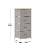 Harris 4 Drawer Vertical Storage Dresser with White Cast Iron Frame, Oak Wood Top and Beige Easy Pull Fabric Drawers with Natural Wooden Handles