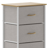 Harris 4 Drawer Vertical Storage Dresser with White Cast Iron Frame, Oak Wood Top and Beige Easy Pull Fabric Drawers with Natural Wooden Handles