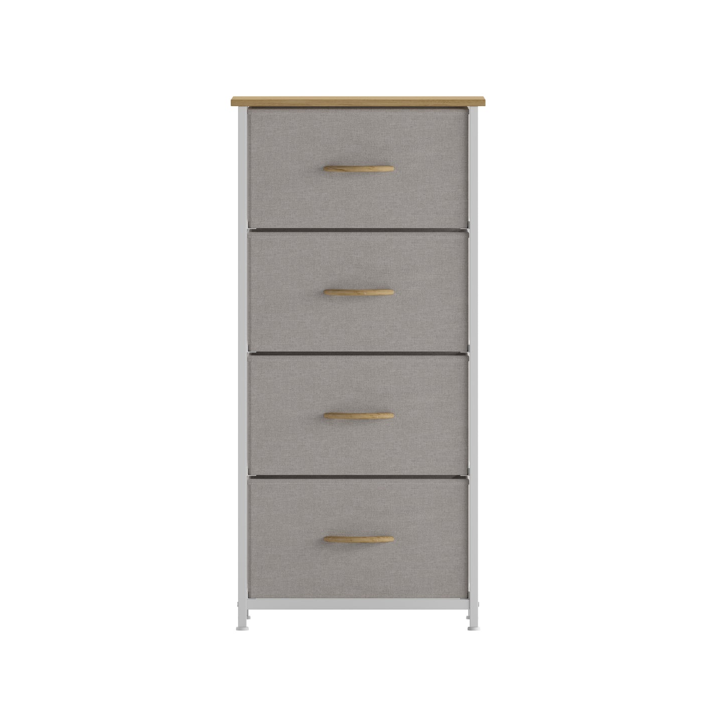 Harris 4 Drawer Vertical Storage Dresser with White Cast Iron Frame, Oak Wood Top and Beige Easy Pull Fabric Drawers with Natural Wooden Handles